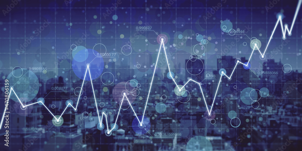 模糊网格夜城背景下富有创意的发光商业图表。数字经济与大数据c