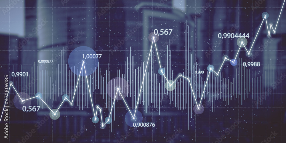 模糊网格夜城壁纸上抽象发光的商业图表。数字经济与大数据合作