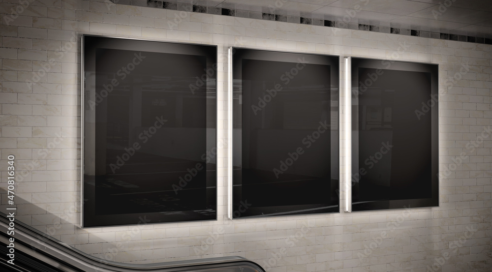 Three vertical billboards on underground wall Mockup. Hoardings advertising triptych on subway wall 