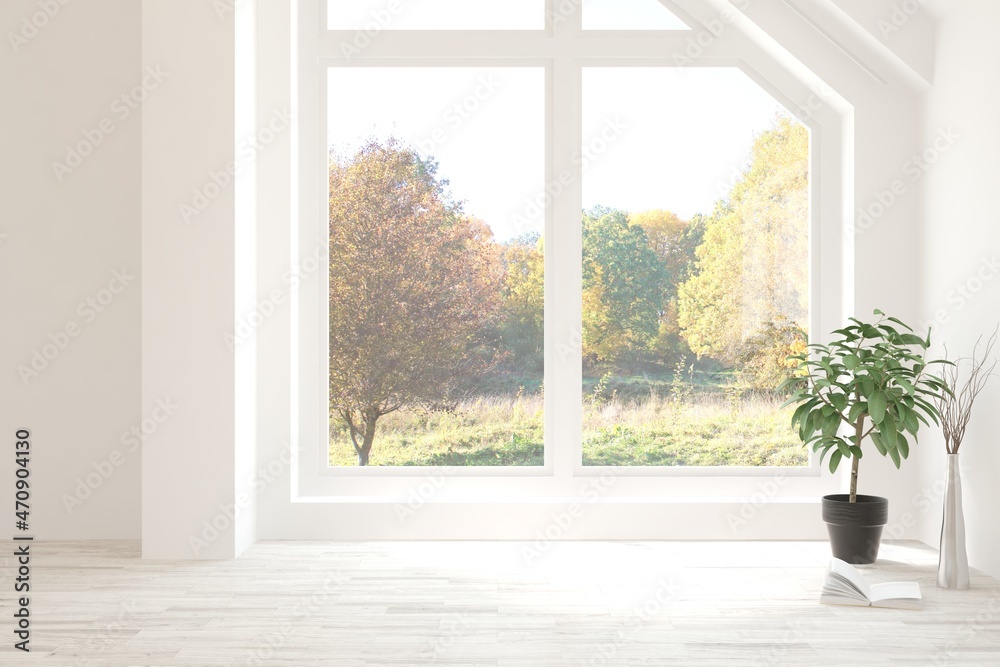 Stylish empty room in white color with autumn landscape in window. Scandinavian interior design. 3D 