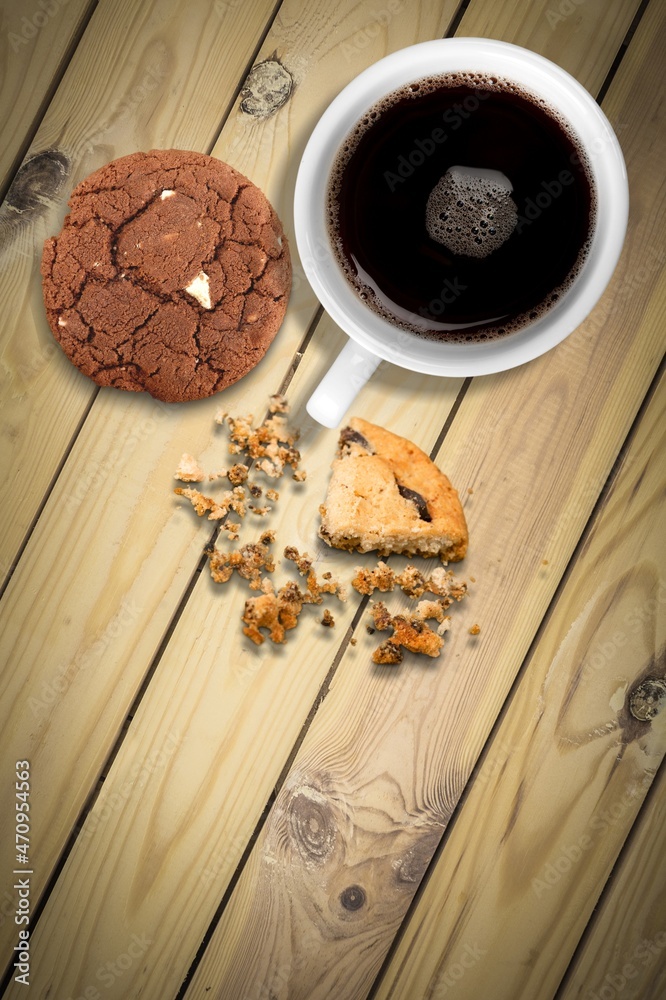 Coffee cup and bakery dish. Healthy eating and sweet food concept.