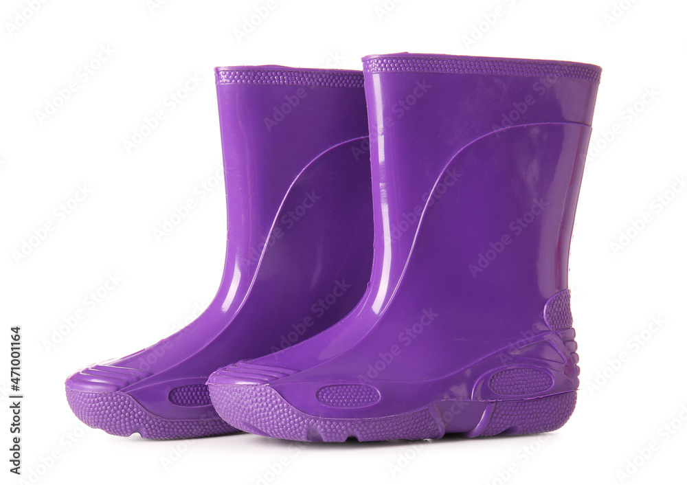 Pair of lilac rubber boots on white background