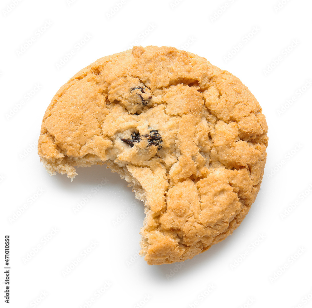 Bitten cookie with raisins on white background