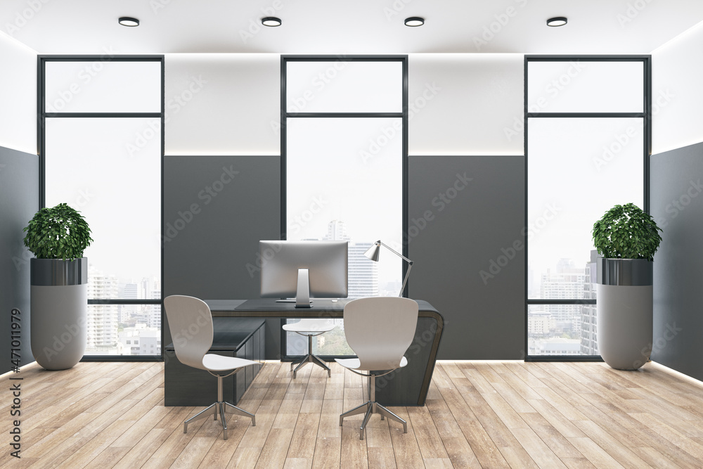 Contemporary office interior with furniture, wooden flooring, window with city view and daylight. In