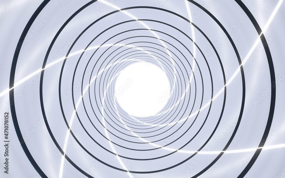 带有霓虹发光线条的圆形隧道，3d渲染。