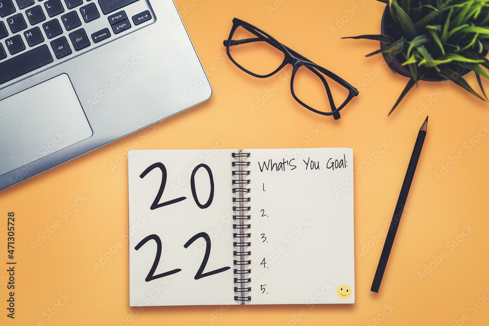 2022 Happy New Year Resolution Goal List and Plans Setting - Business office desk with notebook writ