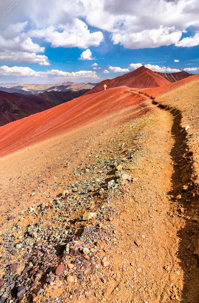 Hiking trail across the Red Valley at Vinicunca Rainbow Mountain near Cusco in Peru