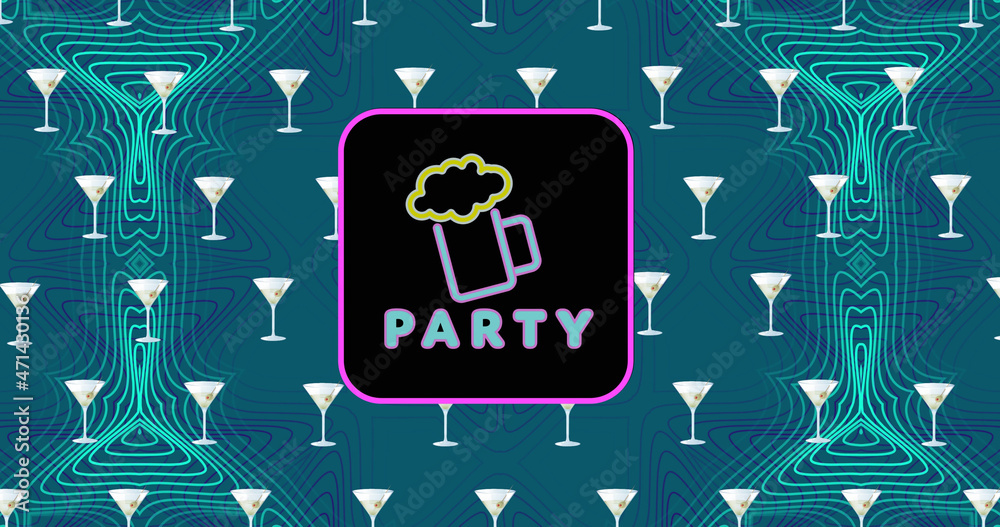 Image of party and beer glass in frame over cocktail glasses in repetition over blue pattern