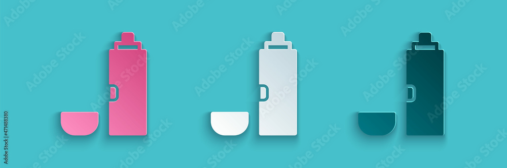 Paper cut Thermos container icon isolated on blue background. Thermo flask icon. Camping and hiking 