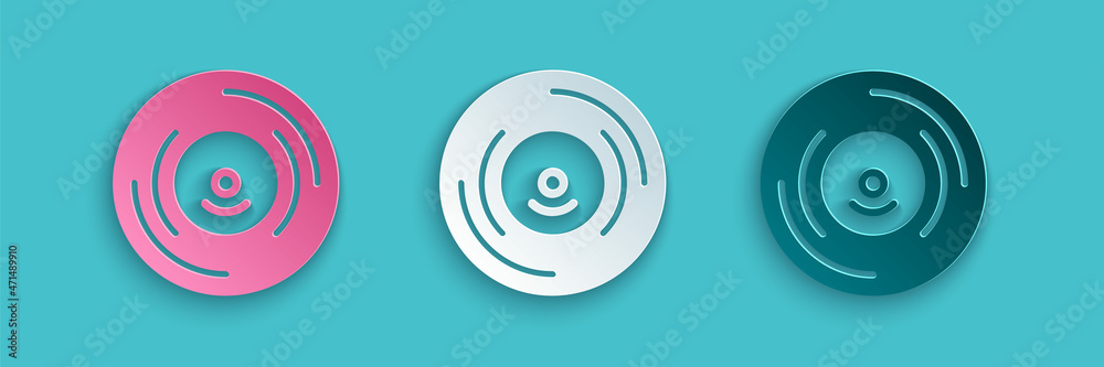 Paper cut Vinyl disk icon isolated on blue background. Paper art style. Vector