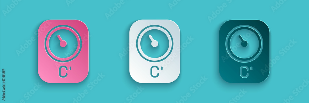 Paper cut Sauna thermometer icon isolated on blue background. Sauna and bath equipment. Paper art st