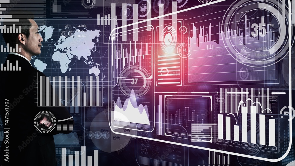 Big Data Technology for Business Finance Analytic conceptual. Modern graphic interface shows massive