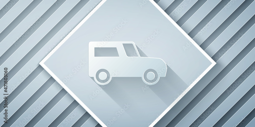 Paper cut Car icon isolated on grey background. Paper art style. Vector