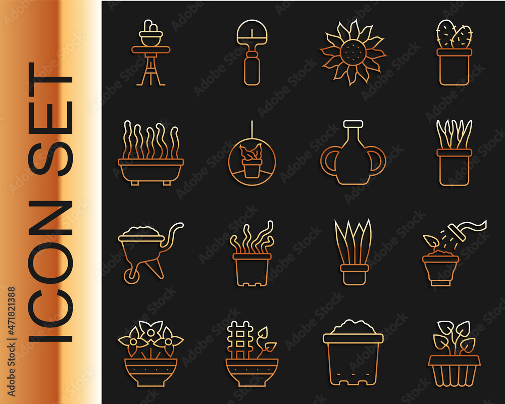 Set line Indoor plant ivy in a pot, Spraying, Plant, Flower, hanging, on table and Vase icon. Vector