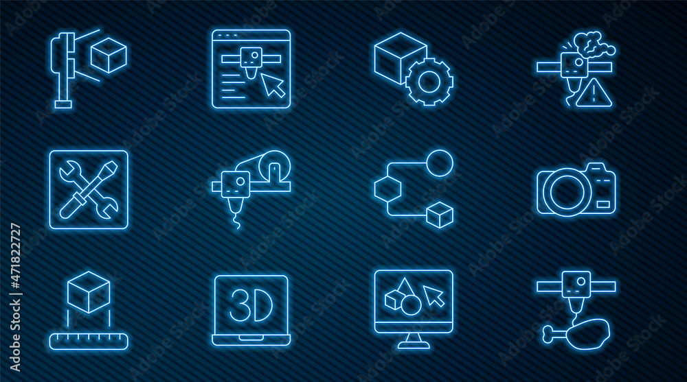 Set line 3D printer chicken leg, Photo camera, Isometric cube, setting, scanner with, and icon. Vect