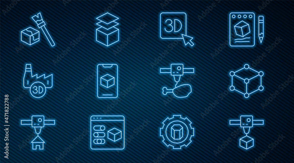 设置线3D打印机立方体，等距，软件，印刷厂行业，鸡腿和图层图标。