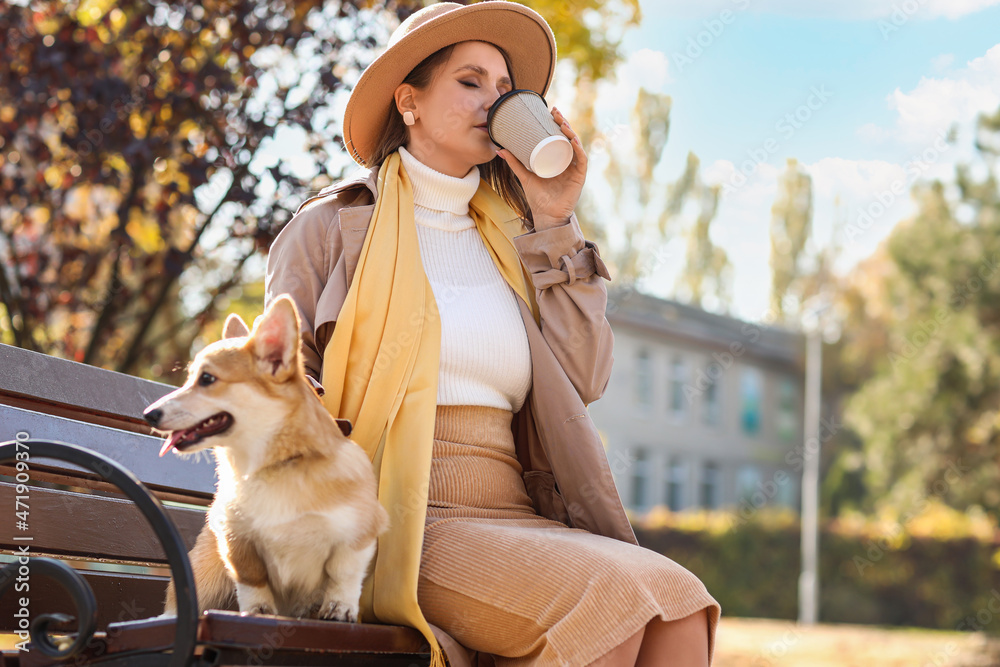 时尚的年轻女子带着可爱的柯基犬在秋季公园的长椅上喝咖啡