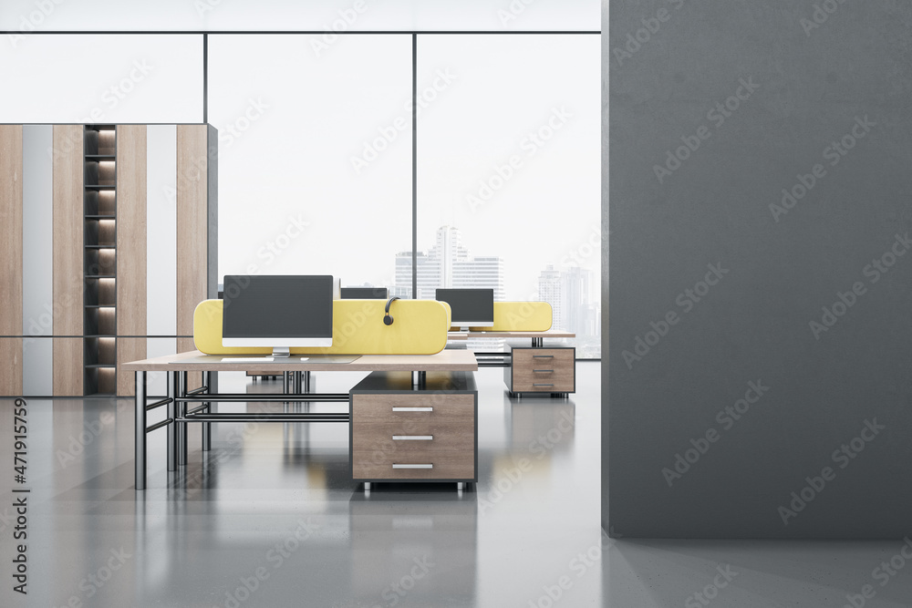 Modern bright coworking office interior with clean mock up place on wall, yellow partition, panorami