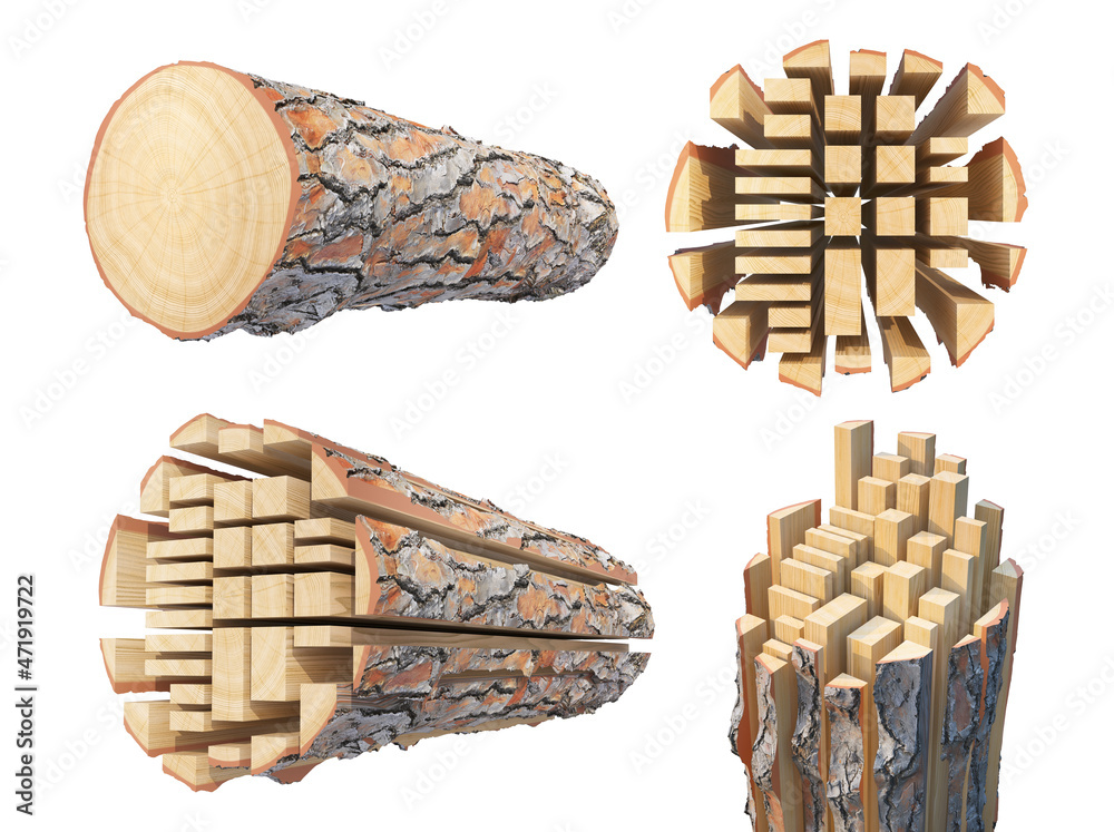 在木材上切割的一套原木。三维插图