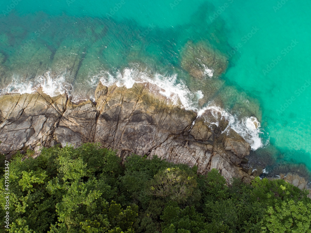 Aerial view Top down seashore Beautiful turquoise sea and mountain in sunny day Good weather day sum