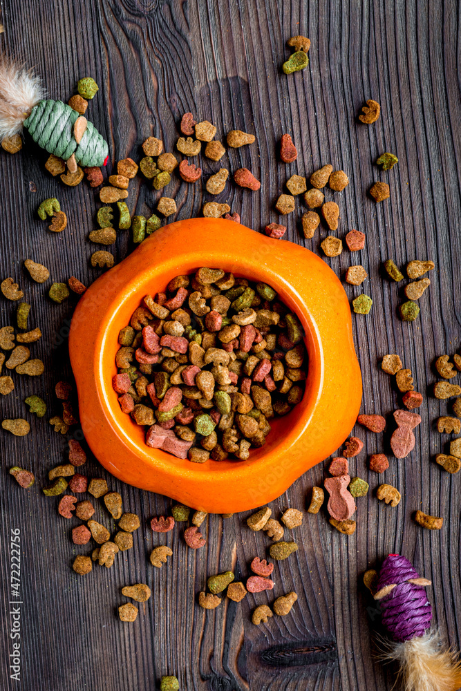 dry cat food in bowl on wooden background top view