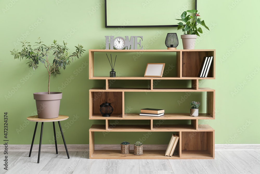 Wooden bookshelf and chair with houseplant near color wall