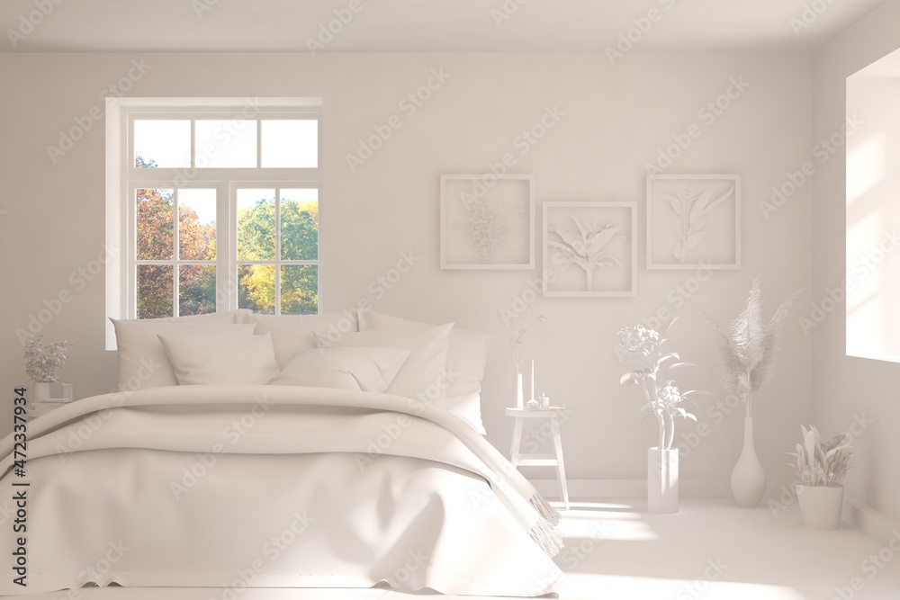 Modern bedroom in white color. Scandinavian interior design. 3D illustration