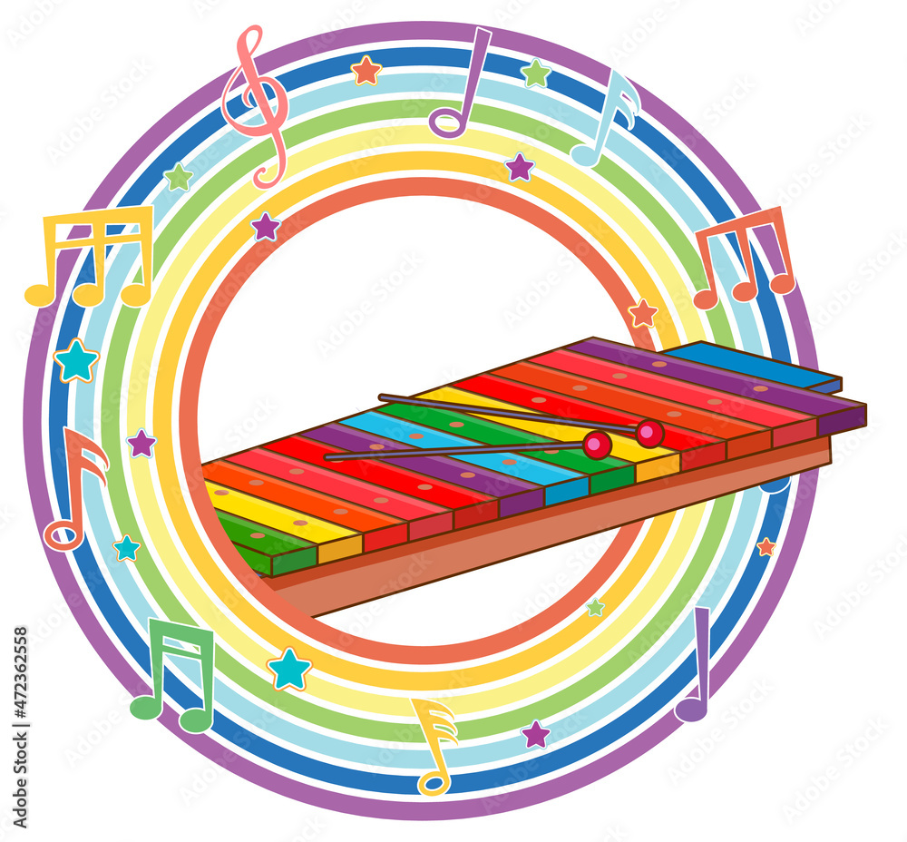 彩虹圆形框架中的木琴，带有旋律符号