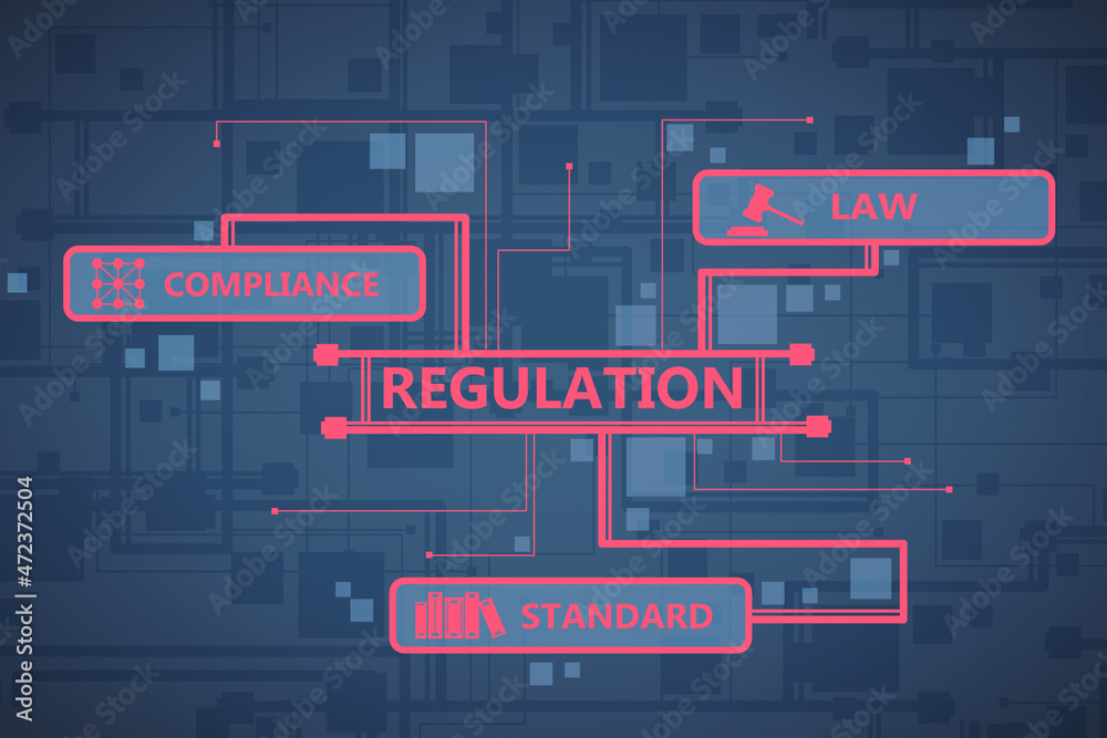 蓝色墙壁背景上的创意数字法规草图或全息图。合规、管理和l