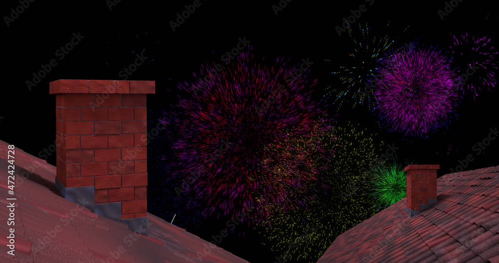 Image of colourful christmas and new year fireworks exploding over rooftops in night sky