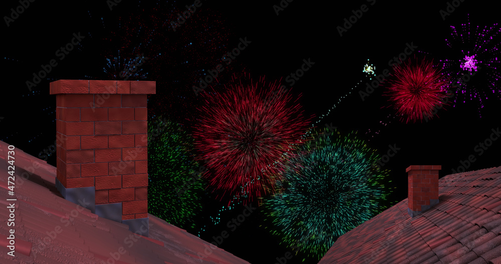 Image of colourful christmas and new year fireworks exploding over rooftops in night sky