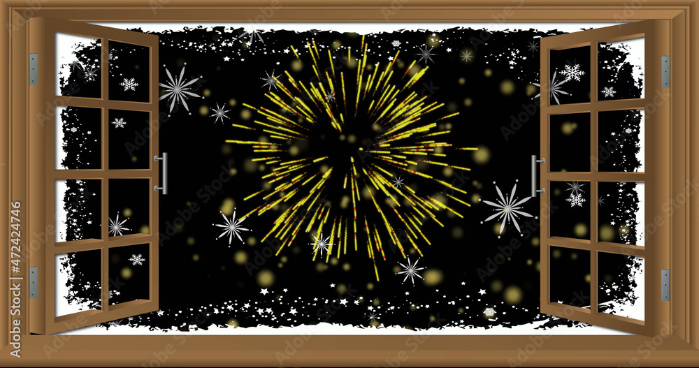 Image of open window with snowflakes and christmas and new year fireworks exploding in night sky