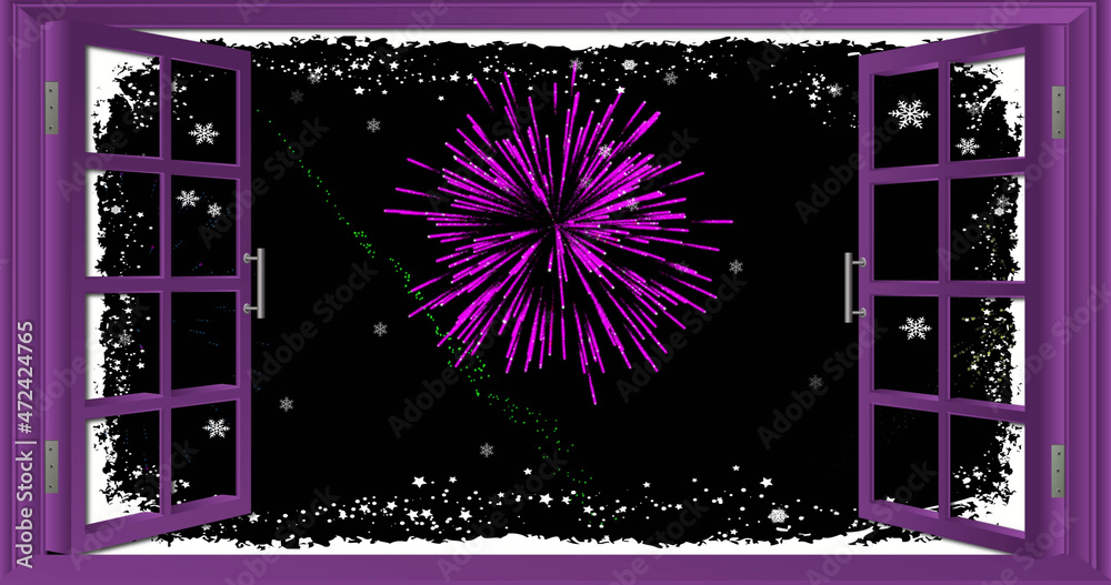 Image of open window with stars and colourful christmas and new year fireworks in night sky