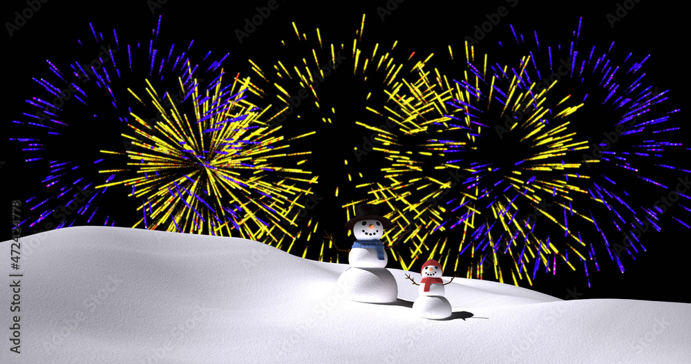 Image of snowmen with purple and yellow christmas and new year fireworks exploding in night sky