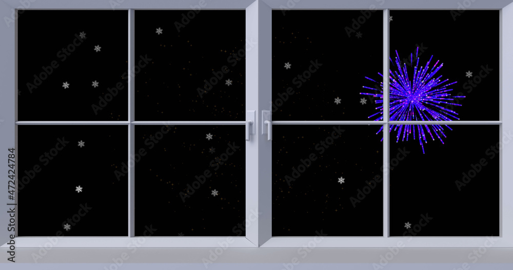 Image of window with white stars and christmas and new year fireworks exploding in night sky