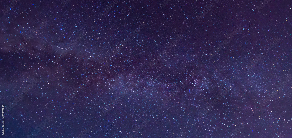 银河系的蓝色夜空和黑暗背景下的星星全景。