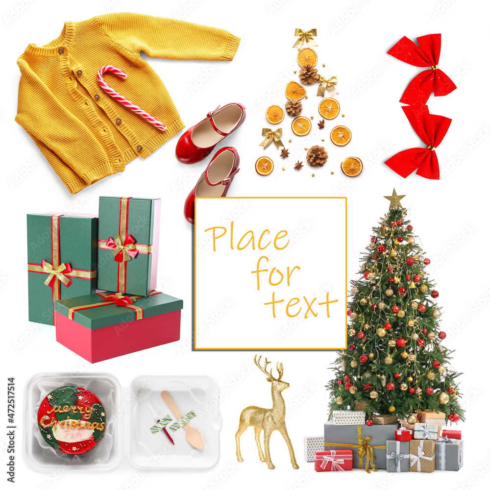 Beautiful Christmas decorations with stylish clothes on white background with space for text