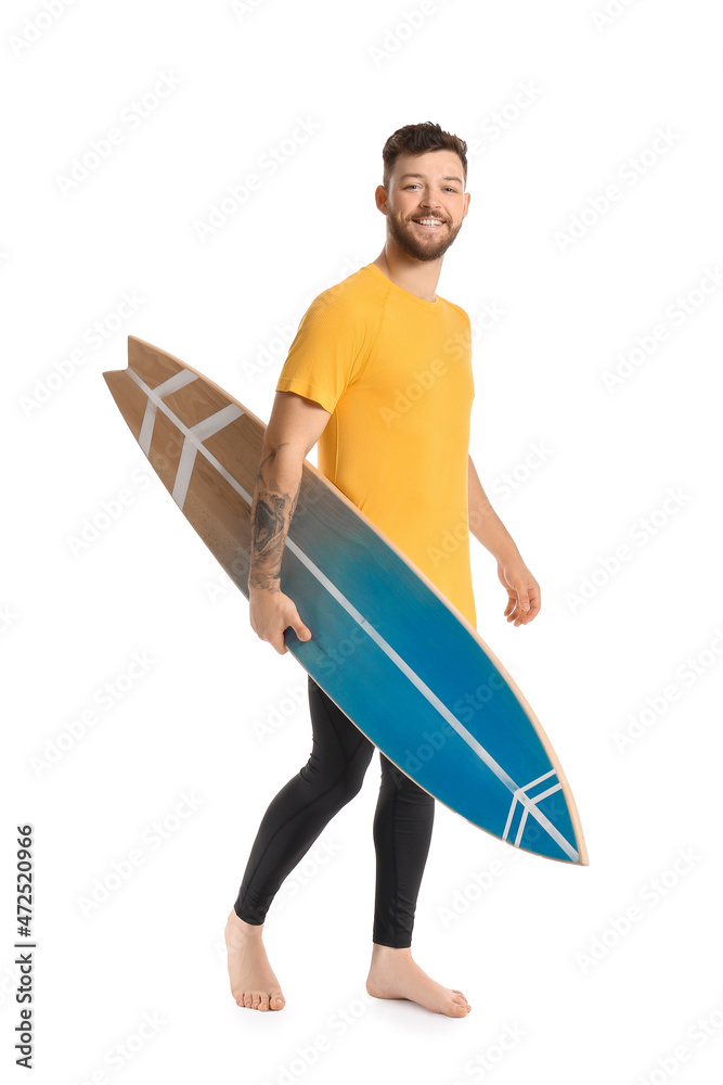 Handsome bearded man with surfboard on white background