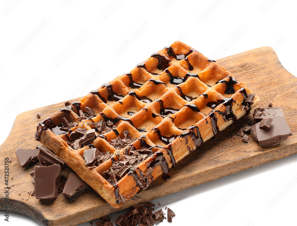 Board with delicious Belgian waffle and chocolate sauce on white background, closeup