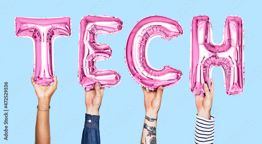 Pink balloon letters forming the word tech