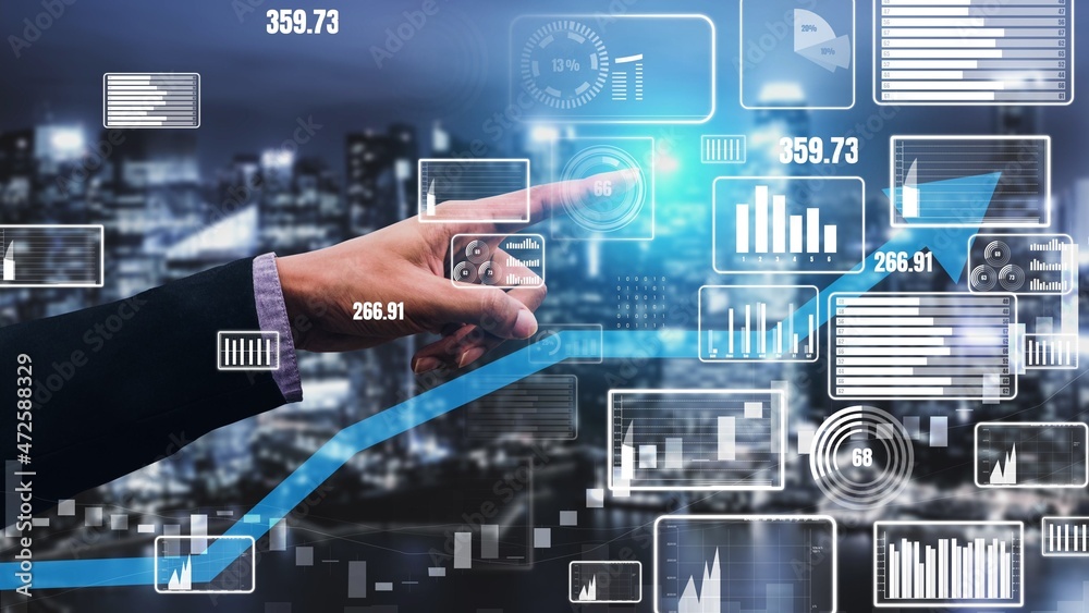 Double Exposure of Business and Finance Conceptual - Businessman with report chart up forward to fin