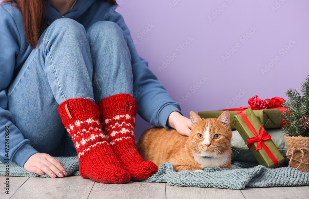 圣诞节前夕，家里有一只可爱的红猫的女人