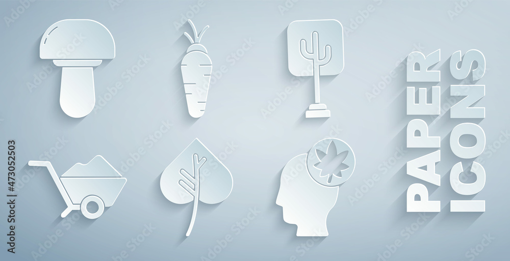 Set Leaf or leaves, Tree, Wheelbarrow with dirt, Human head leaf, Carrot and Mushroom icon. Vector