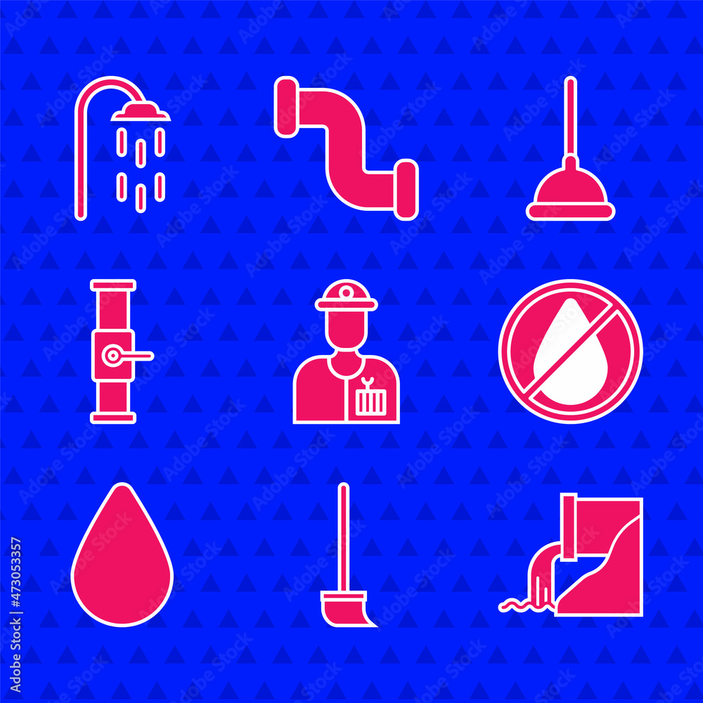 设置水管工、拖把、废水、禁止滴水、工业管道和阀门、橡胶柱塞和展示