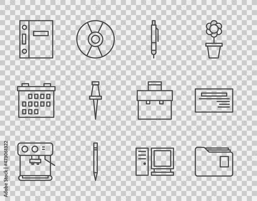 设置线咖啡机，文件夹，笔，带橡皮擦的铅笔，办公文件夹，图钉，电脑