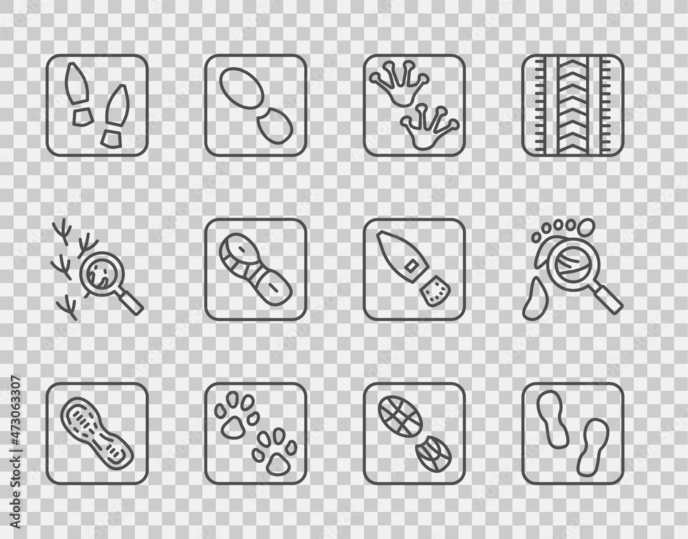 设置人类足迹鞋、青蛙爪、爪子和带有足迹图标的放大镜。矢量