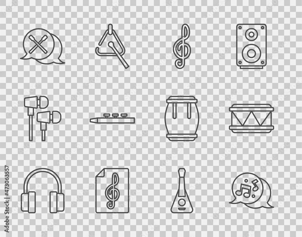 设置线路耳机、音符、音调、高音谱号、鼓槌、鼓、吉他和图标。矢量