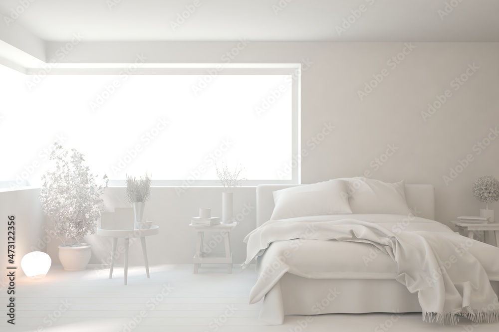 Modern bedroom in white color. Scandinavian interior design. 3D illustration