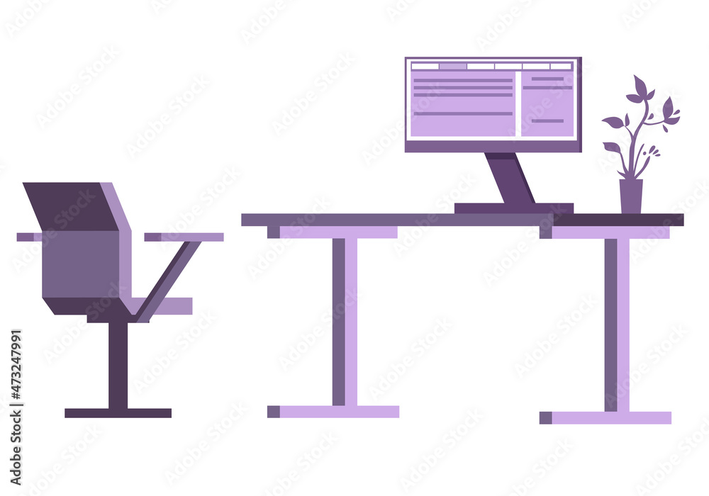 白色背景下的工作场所、电脑桌、椅子、显示器，孤立图像。矢量插图