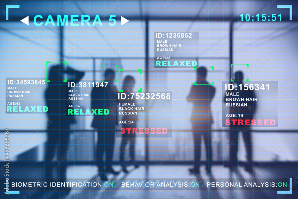 商务人士在模糊的办公室内部的抽象图像，带有摄像头cctv面部识别系统